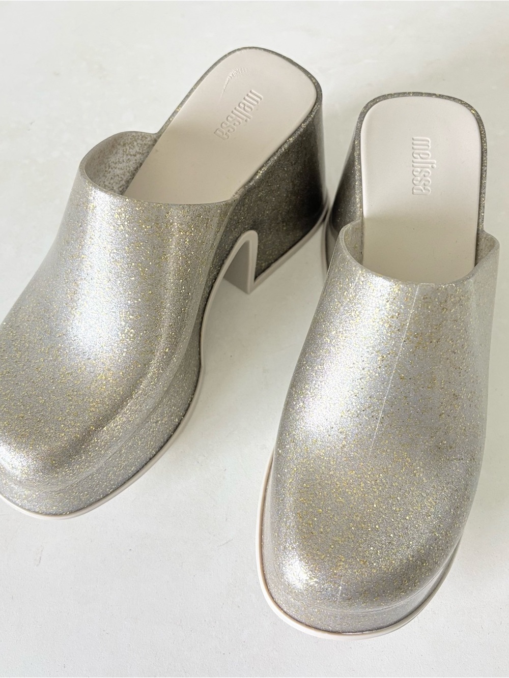 New! Melissa Mia Y2K Sliver Platform Sandals Slip On Heels Mules Women’s Size 8